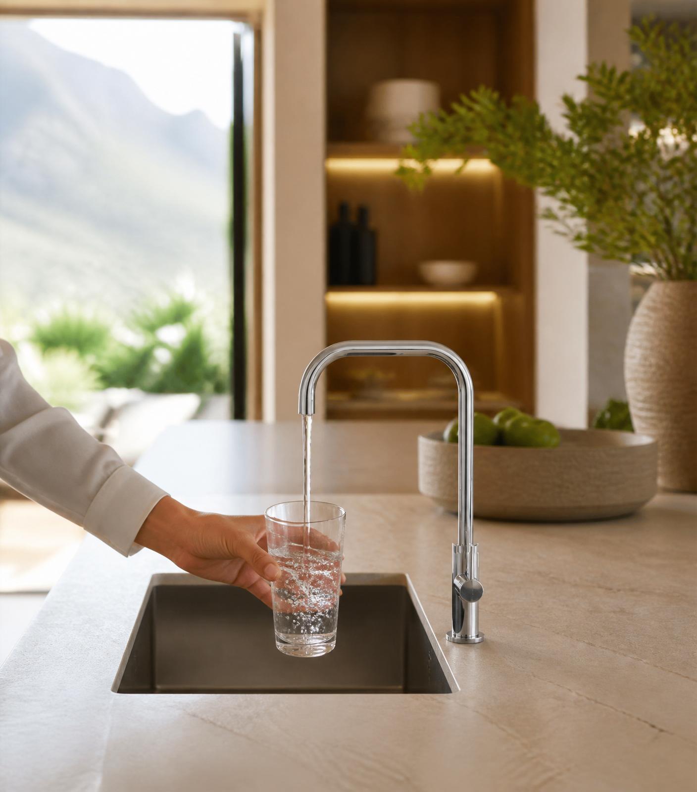 Filling a glass with filtered water from an under-counter tap